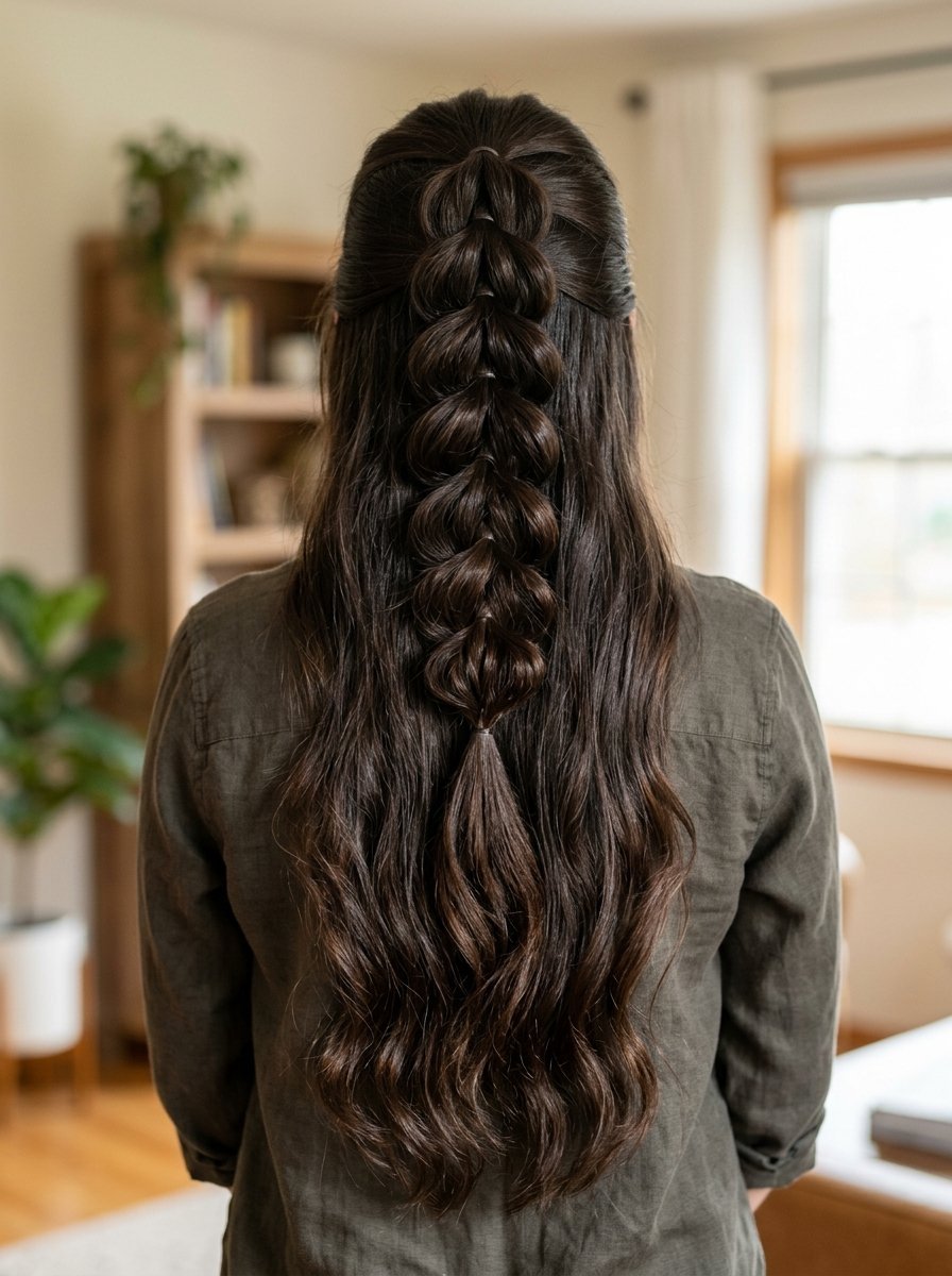Back view of long dark wavy hair styled in a decorative pulled-through bubble braid.