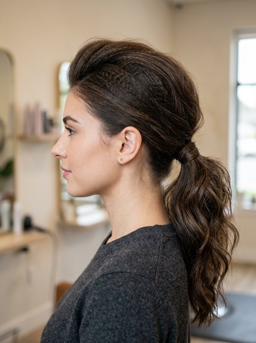 Side profile of a woman with dark brown hair styled in a voluminous textured low ponytail in a hair salon.