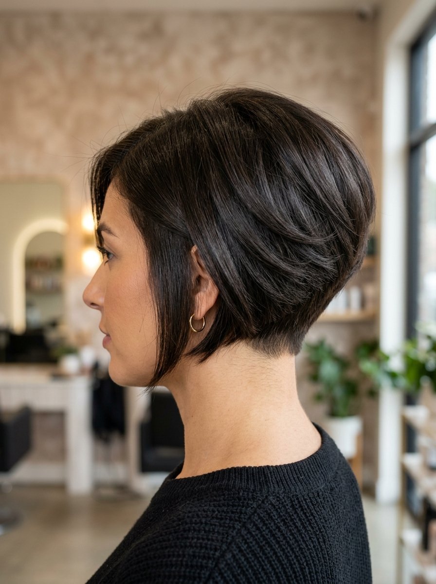 Side view of a woman with a chic, short dark brown bob hairstyle in a salon setting.
