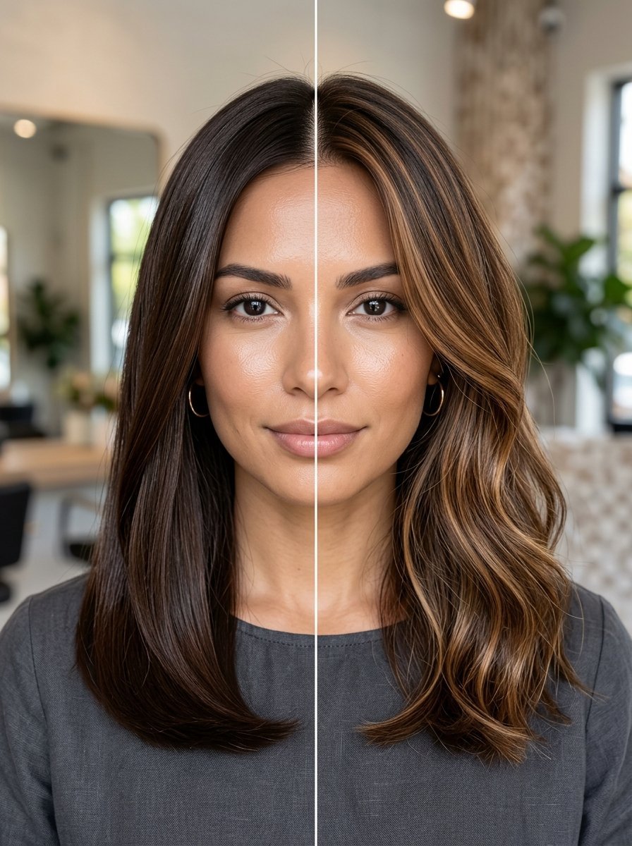 Split screen image comparing dark brown hair on the left to warm caramel balayage highlights on the right.