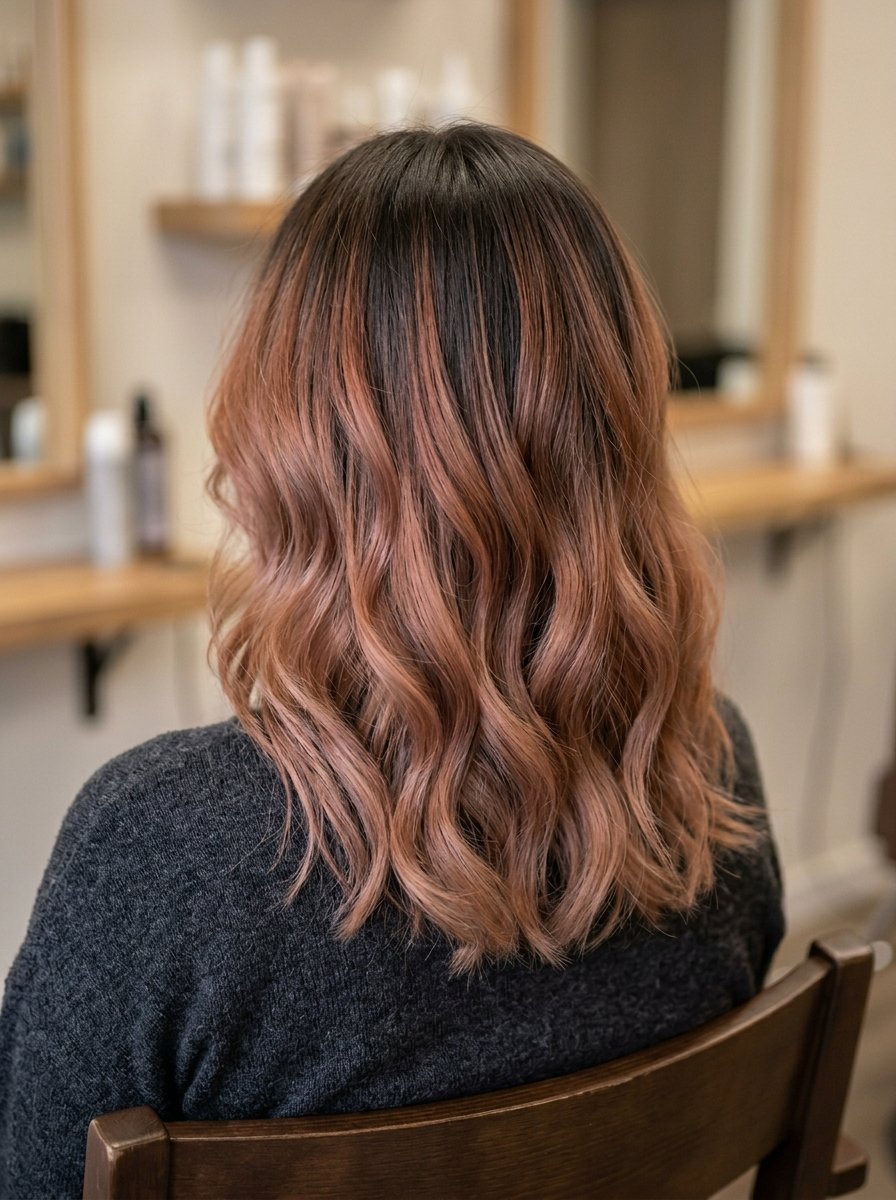 Back view of a person with wavy, shoulder-length hair featuring a dark brown root smudge and rose gold ends.