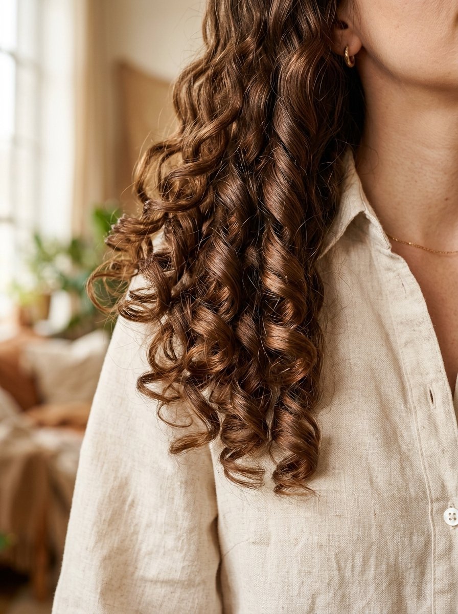 Close up of long, defined brown hair curls resting on the shoulder of a person wearing a beige button-up shirt.