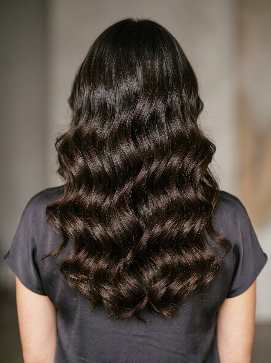 Back view of a woman with long, voluminous, dark brown hair styled in soft, defined waves.