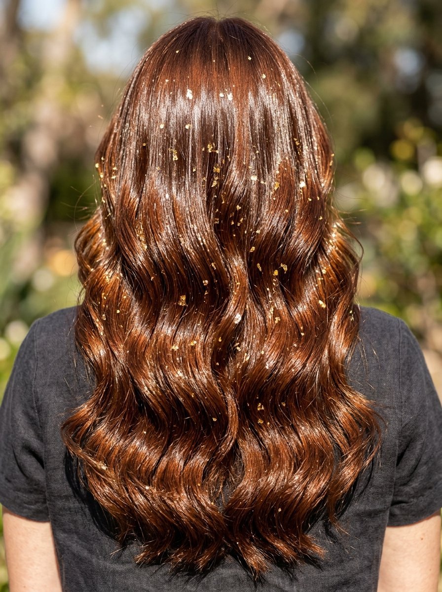 Back view of a person with glossy brown wavy hair sprinkled with sparkling gold leaf accents.