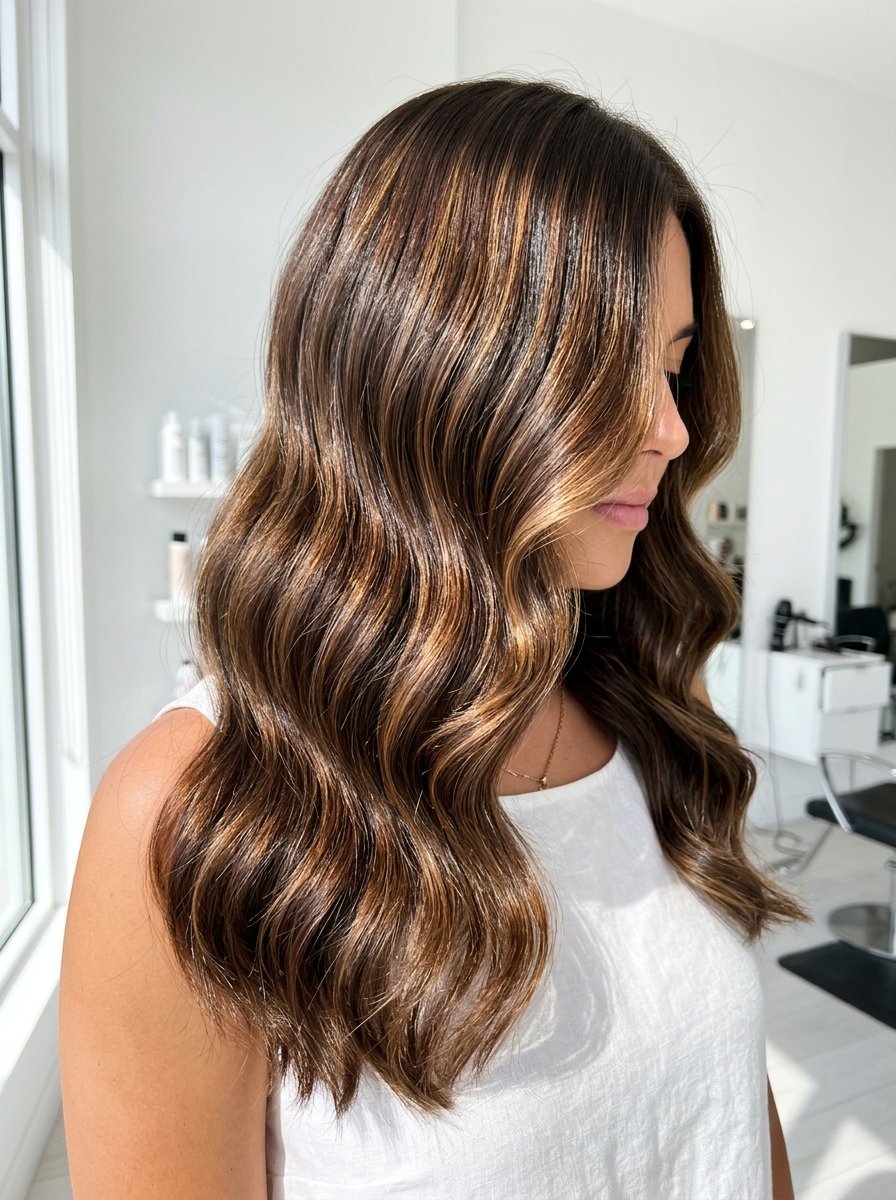 Side profile of a woman showing off long, wavy dark brown hair with warm caramel-toned highlights in a salon.