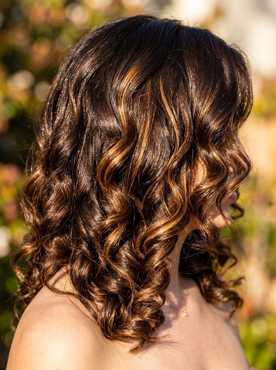 Side profile of a person with shoulder-length wavy dark brown hair and natural caramel-colored highlights.
