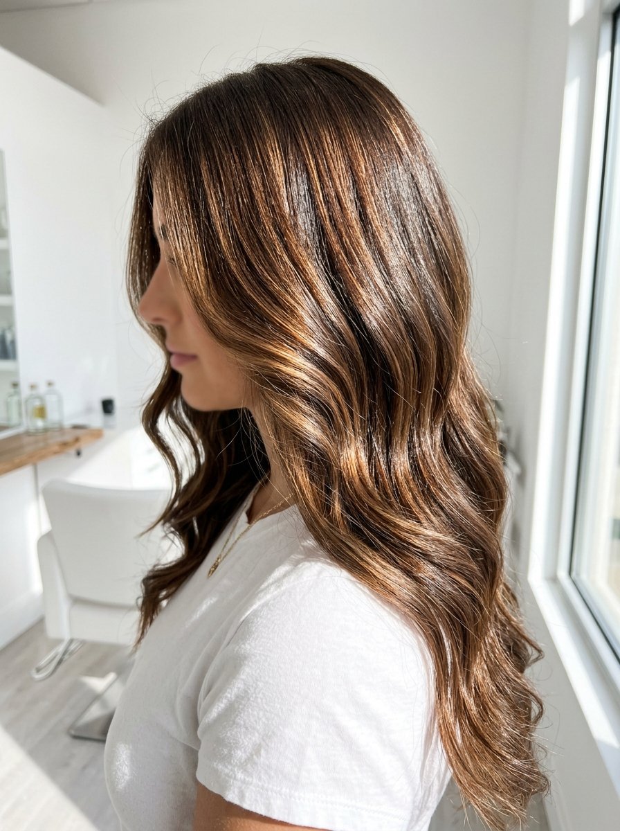 Profile view of a woman with long, wavy brown hair with bright highlights in a bright studio.