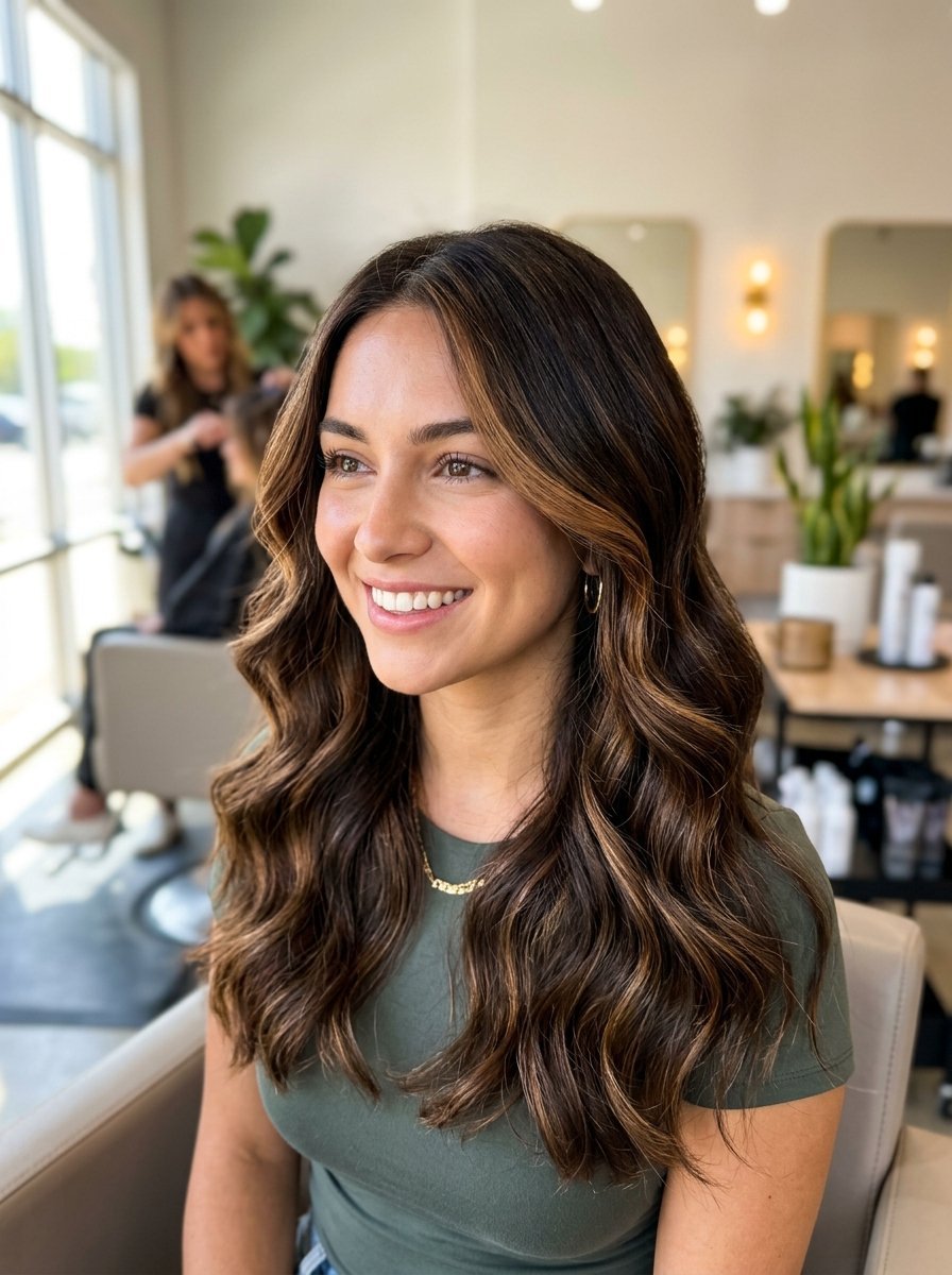 Smiling woman in a salon chair with long, wavy brunette hair featuring subtle blonde highlights.
