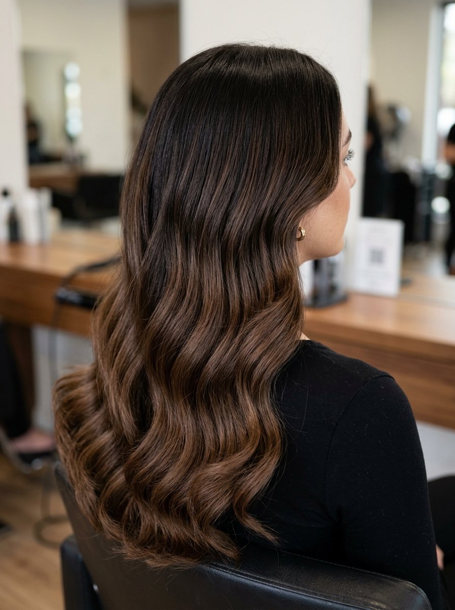 Back view of a woman with long, glossy, chocolate-brown wavy hair at a professional hair studio.