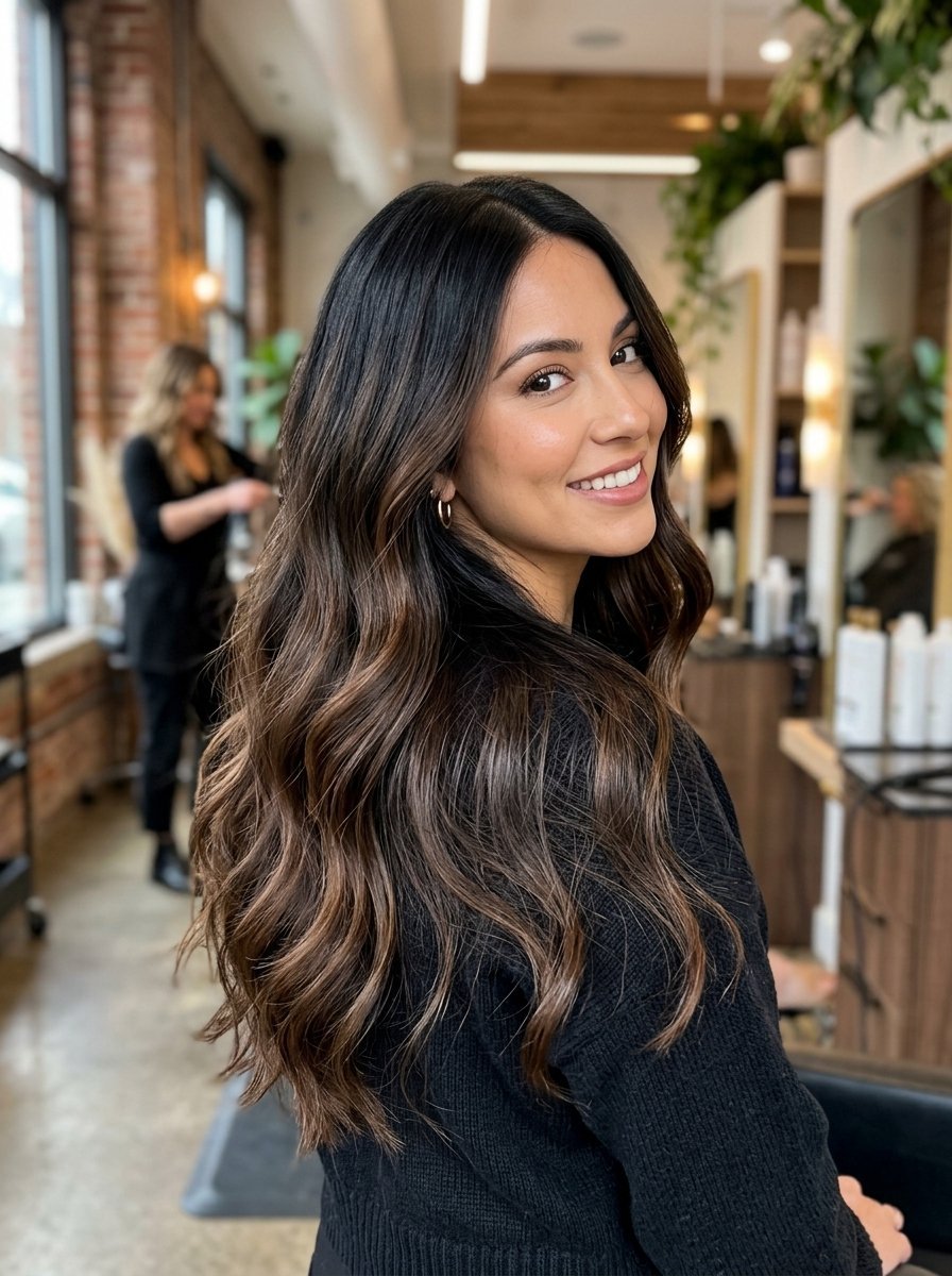 A woman with shiny brunette hair in soft waves posing for a portrait in a professional hair salon studio.
