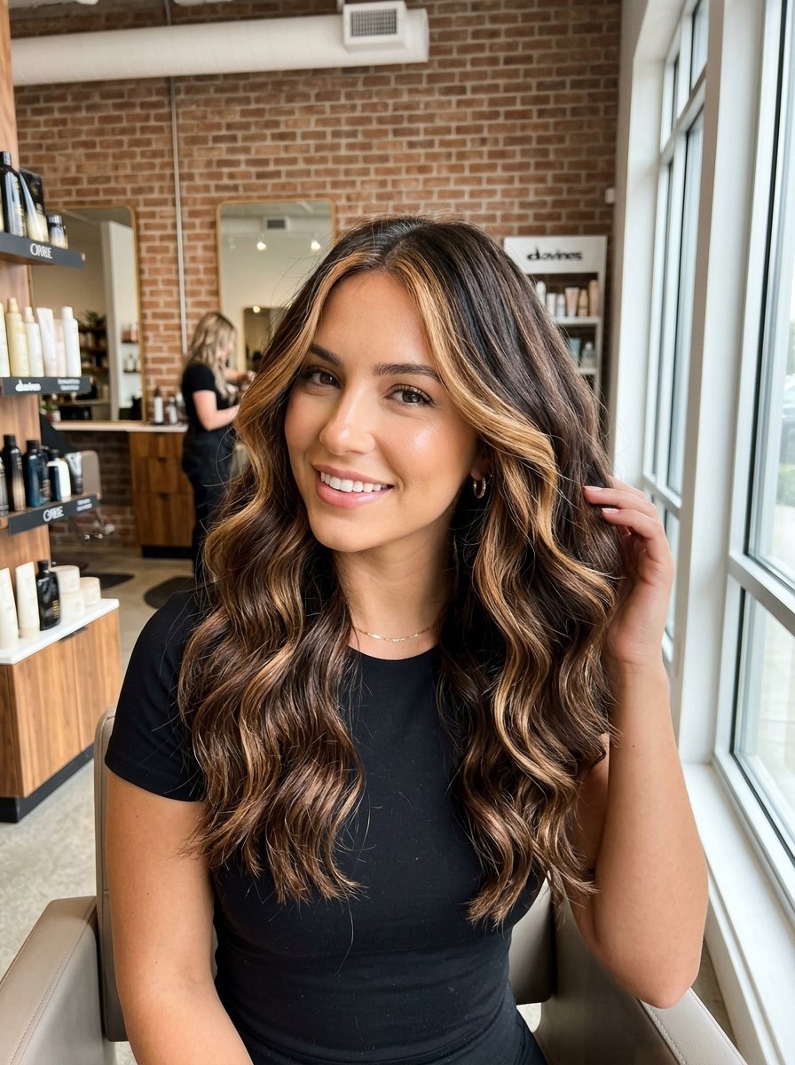 Portrait of a woman in a salon chair showcasing professional brunette hair with light blonde face-framing sections.
