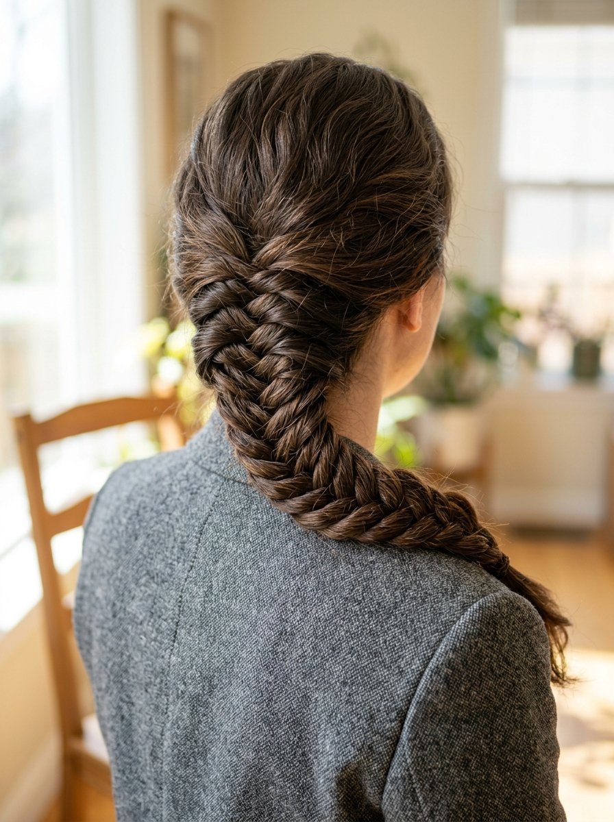 Close up of a woman's dark hair styled into an intricate fishtail braid, viewed from behind.