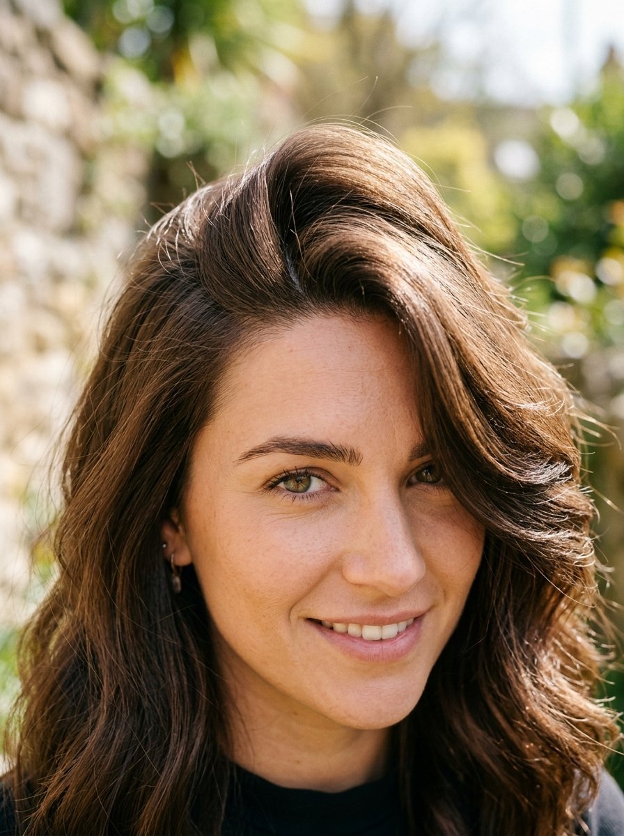 A friendly young woman with hazel eyes and wavy brown hair smiling outdoors in soft natural light.