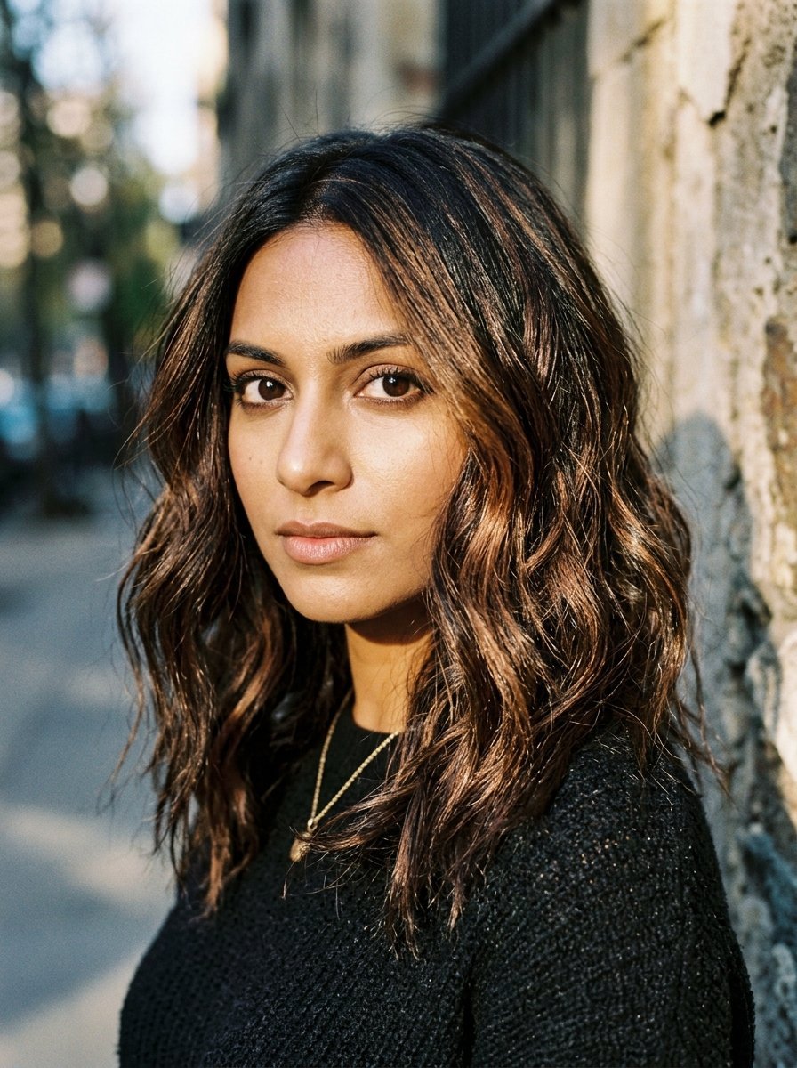 Close-up of a woman with long wavy brown hair wearing a black sweater against a textured stone wall.