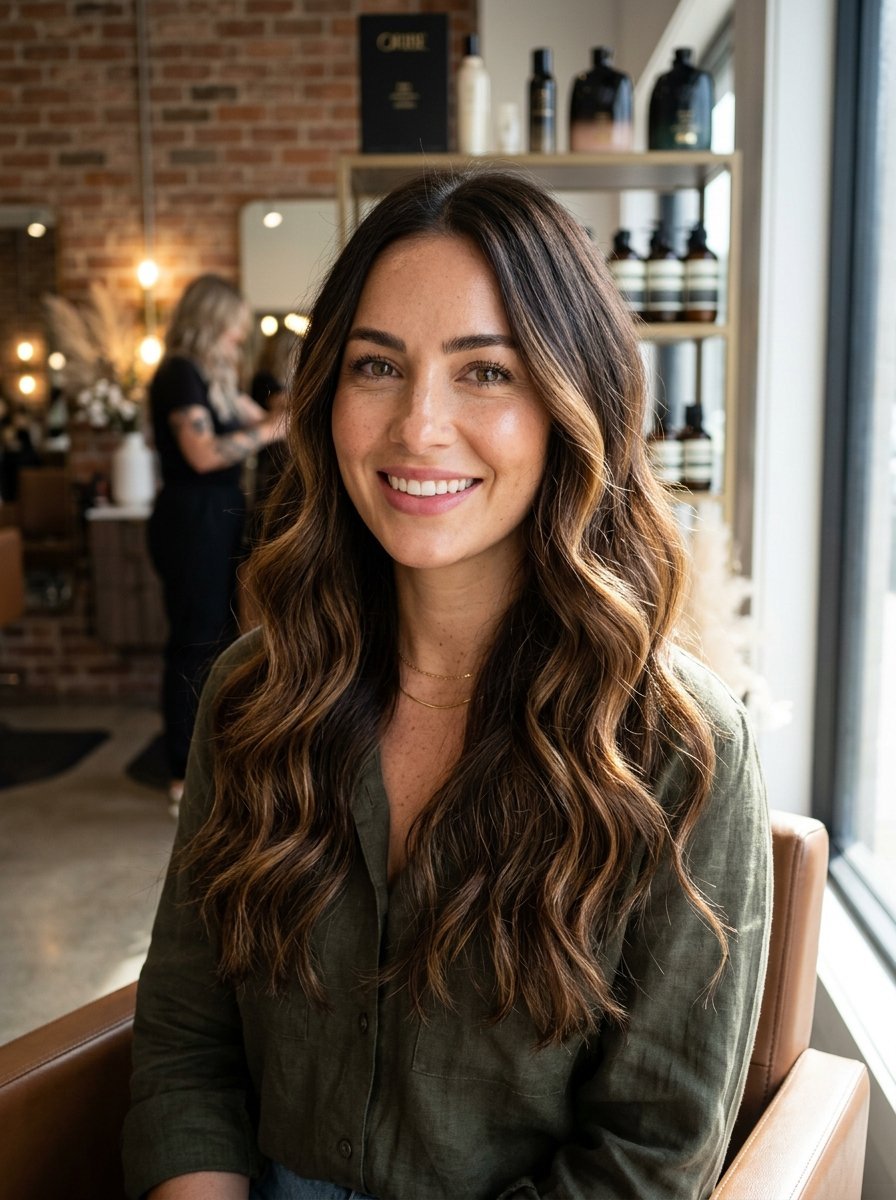 Portrait of a woman with long, wavy brown hair with blonde balayage sitting in a salon chair.