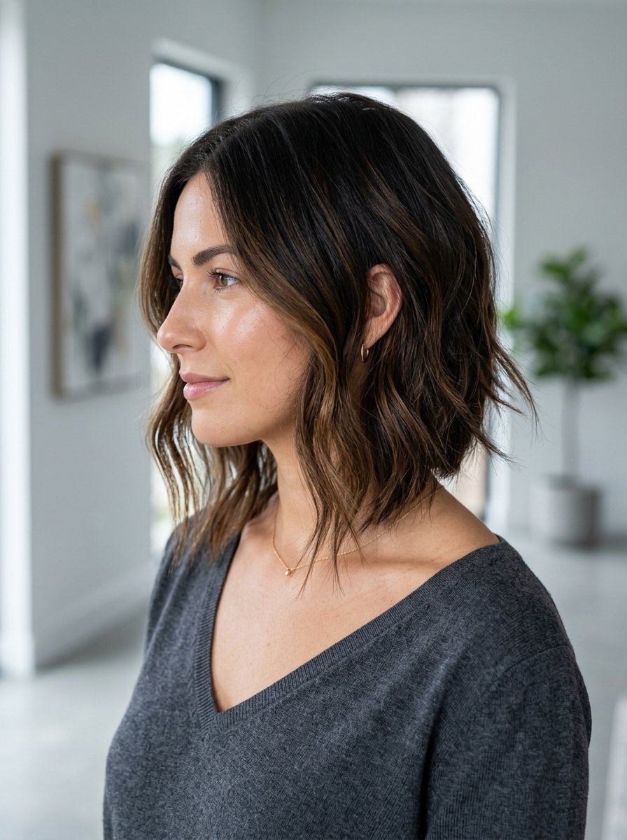 Side profile of a brunette woman wearing a grey V-neck sweater and gold necklace.