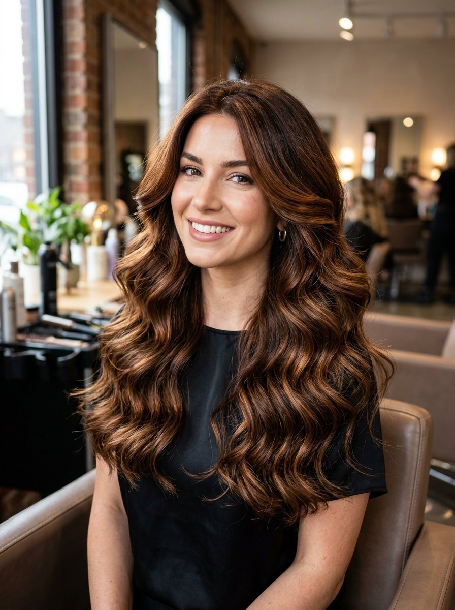 A smiling young woman sits in a hair salon chair showcasing voluminous chocolate brown curls.
