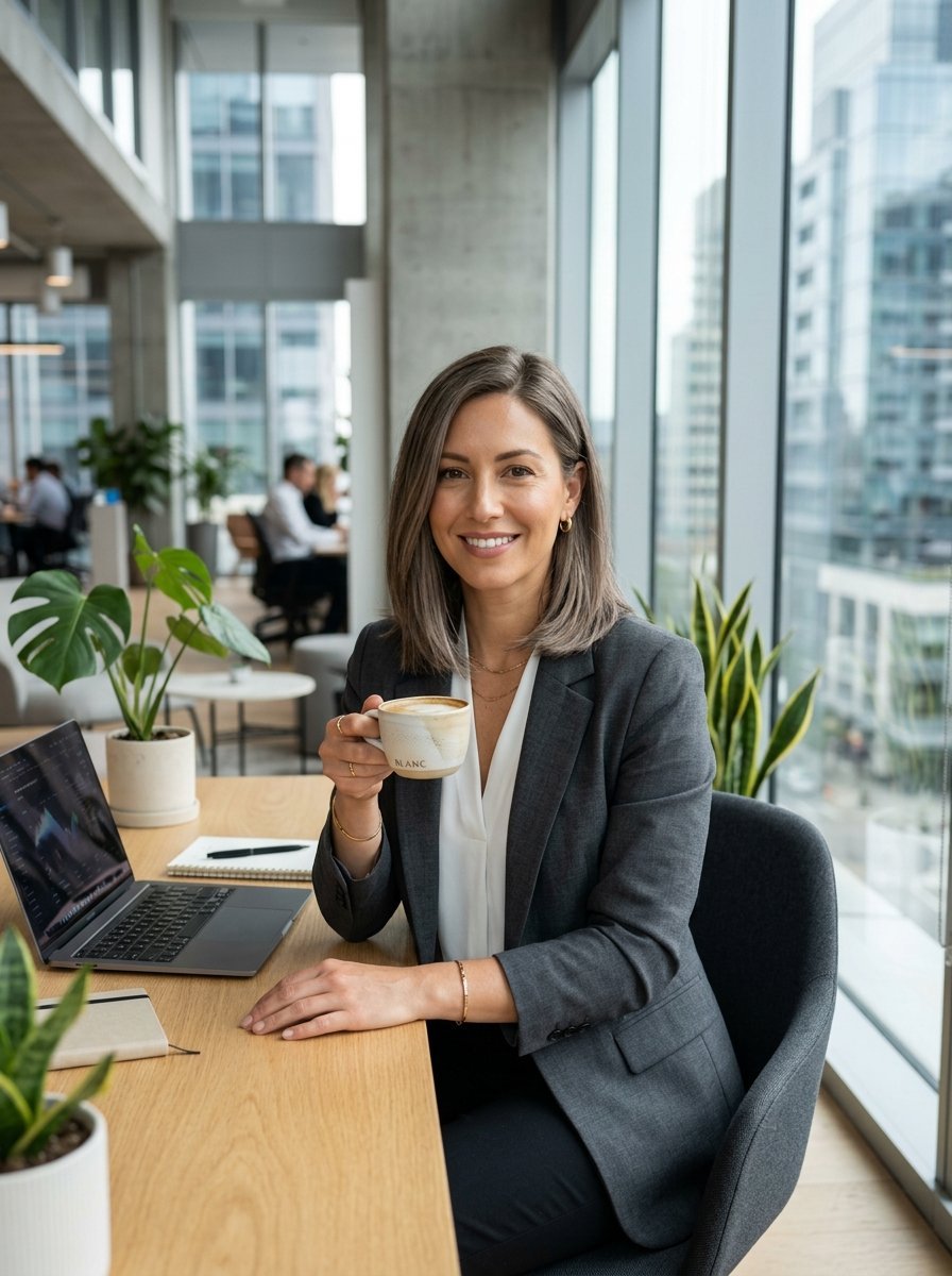 A professional woman in a grey blazer holding a cup of coffee at a wooden office desk near a window.