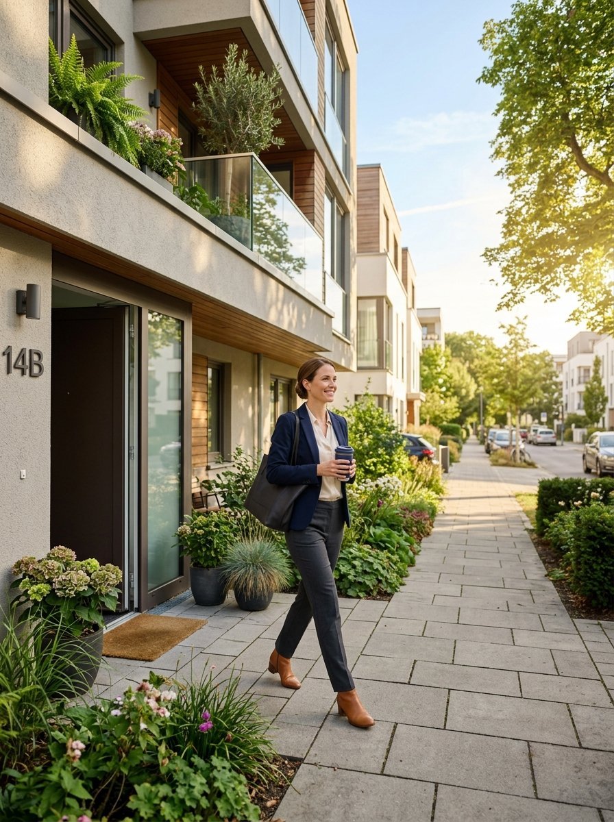 A smiling woman in business attire carries a bag and coffee cup while walking along a landscaped city street.