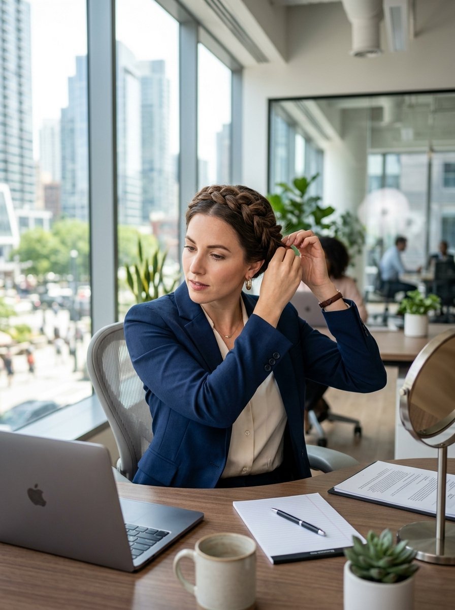 Businesswoman in a blue blazer fixing her braided hairstyle in a modern office with city views.