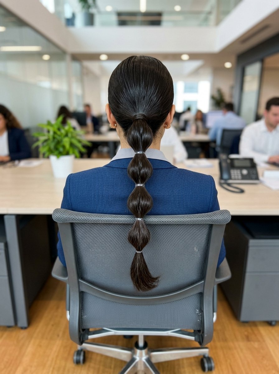 Back view of a woman in a blue blazer sitting in an office chair with her hair styled in a long bubble ponytail.