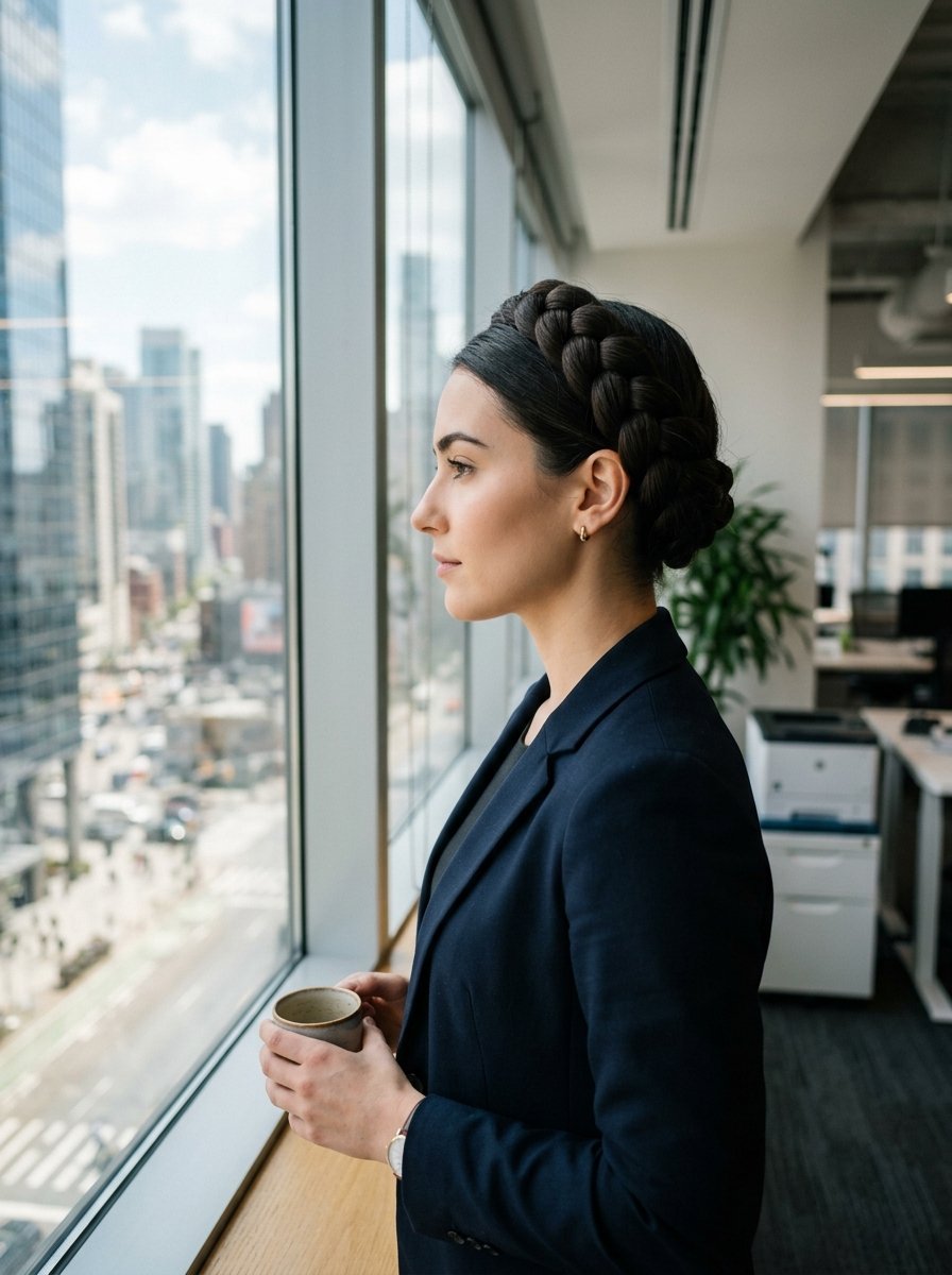 Side profile of a woman in a navy blazer holding a mug while gazing out of an office window at city buildings.