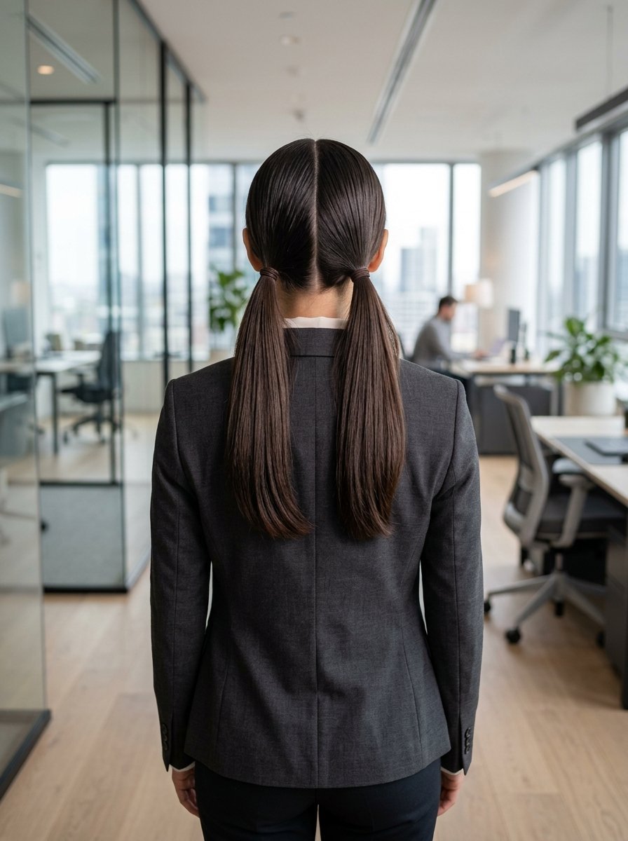 Rear view of a woman with parted hair in two pigtails wearing a dark blazer in a professional workspace.