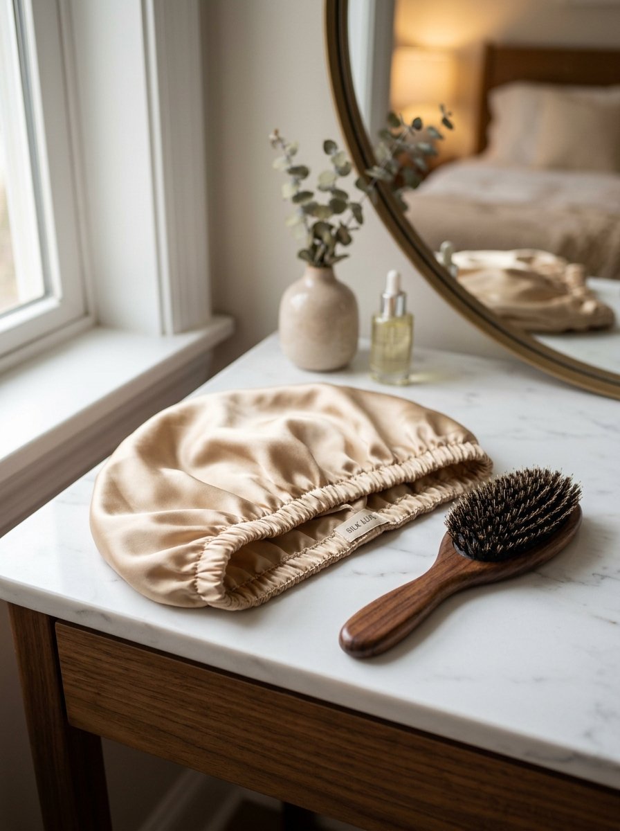 A beige silk hair bonnet and a wooden brush sit on a white marble table next to a small vase and serum bottle.
