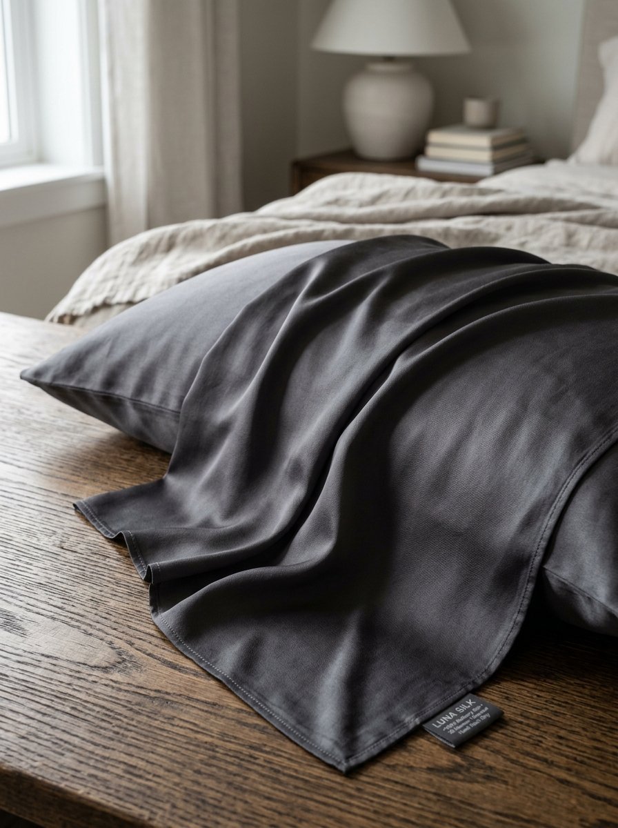 Close up of a dark grey silk pillowcase with a Luna Silk brand tag resting on a rustic wooden bedside table.