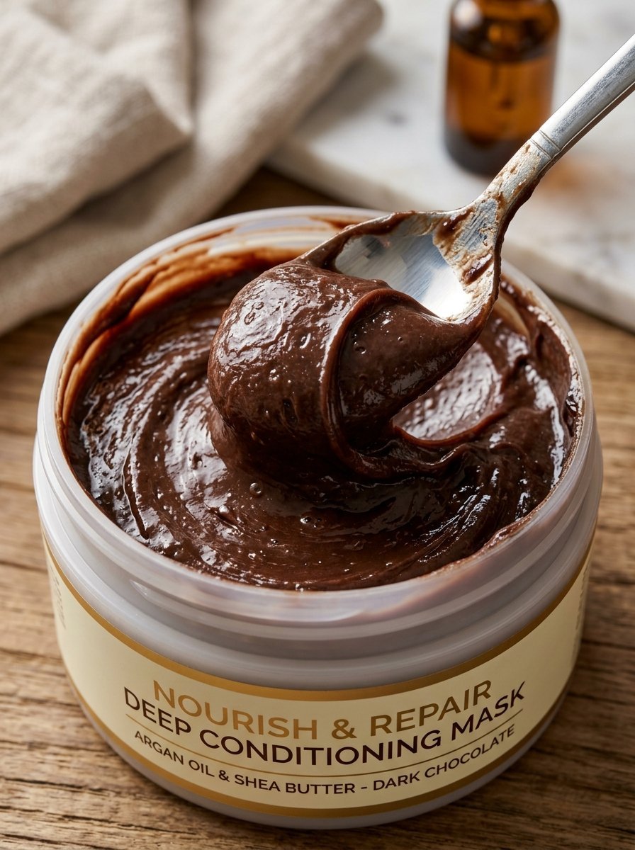 Close-up of a silver spoon lifting dark brown hair treatment cream from a plastic jar on a wooden surface.