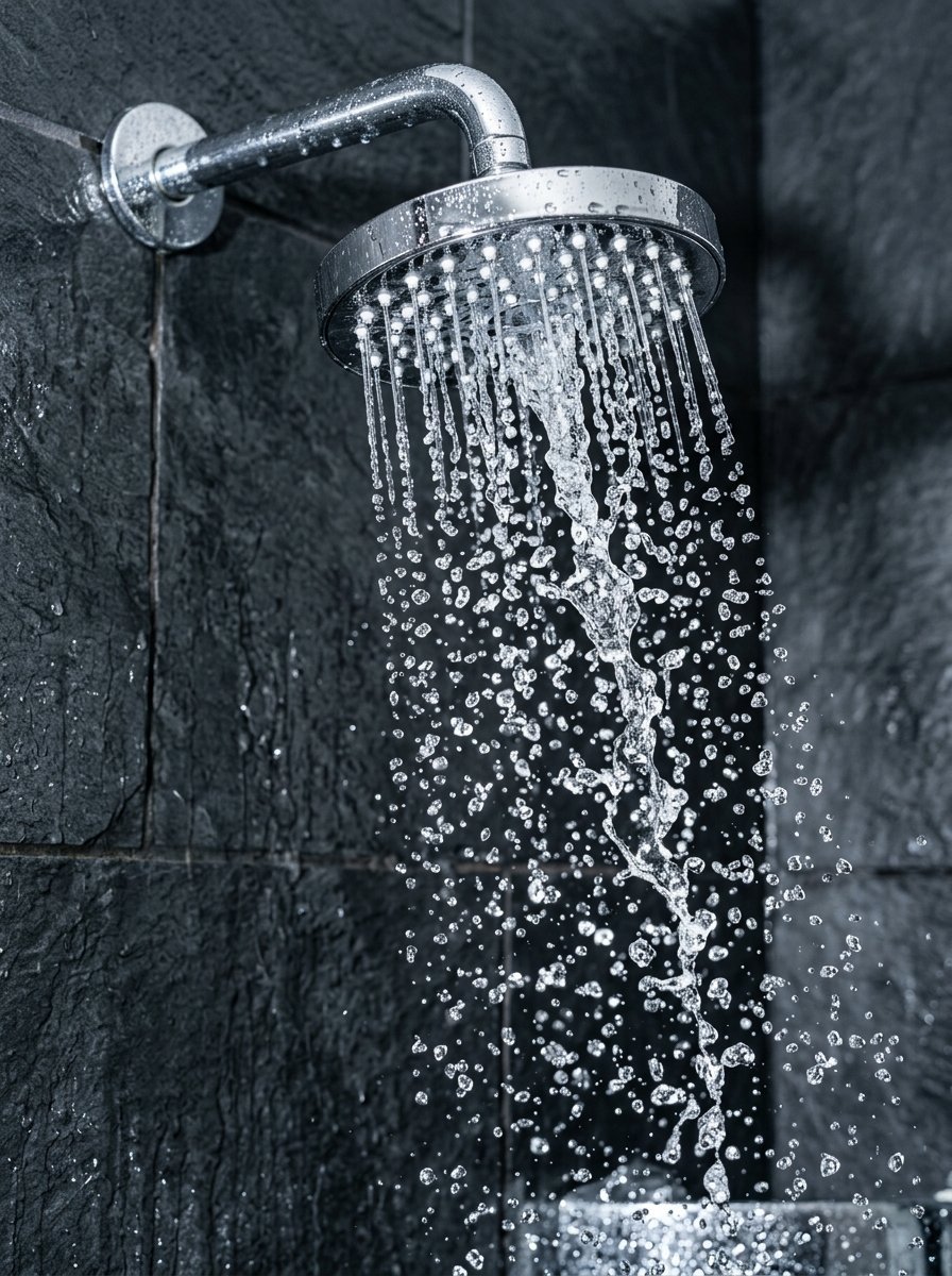Close up of a stainless steel shower head emitting streams of water onto textured black slate wall tiles.
