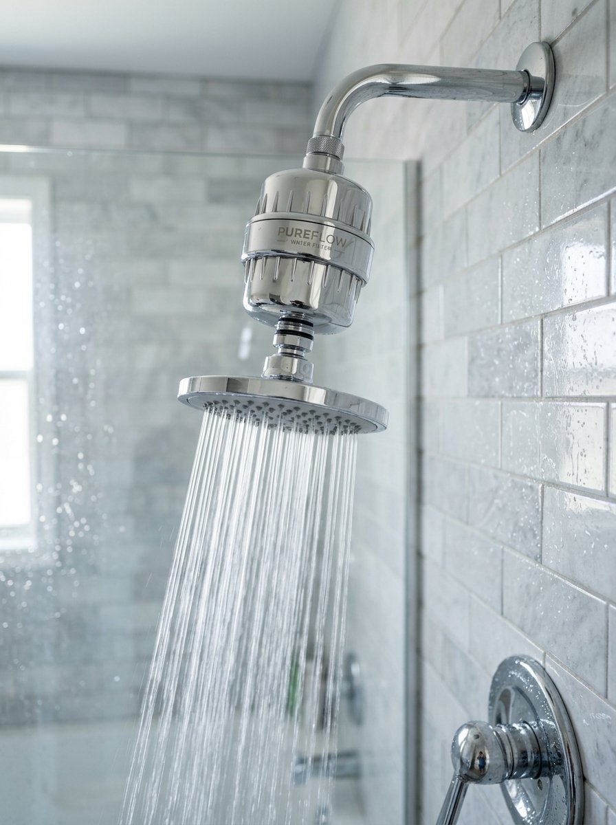 Water flows from a chrome shower head connected to a metallic cylinder filtration system in a tiled bathroom.