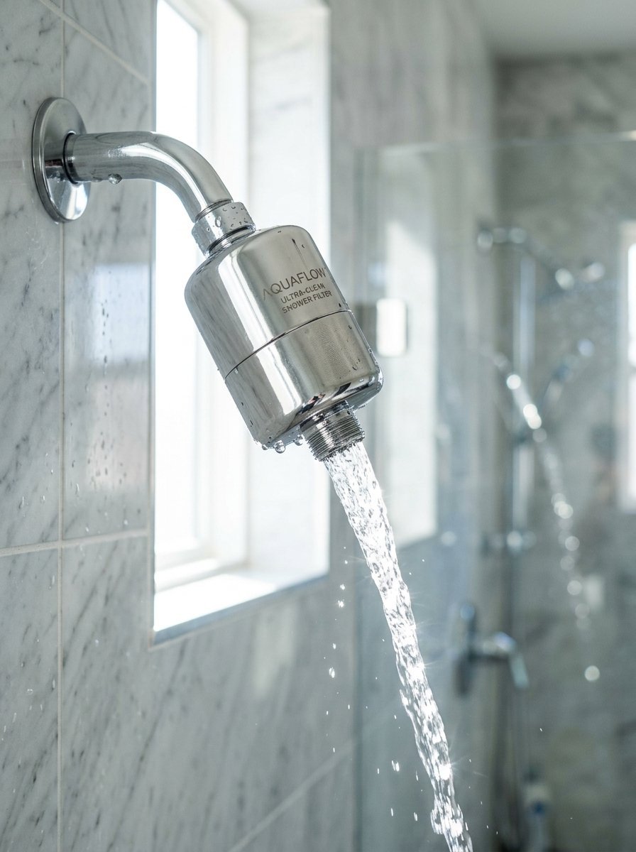 Water pouring from a polished silver shower filtration attachment mounted on a light marble tile wall.