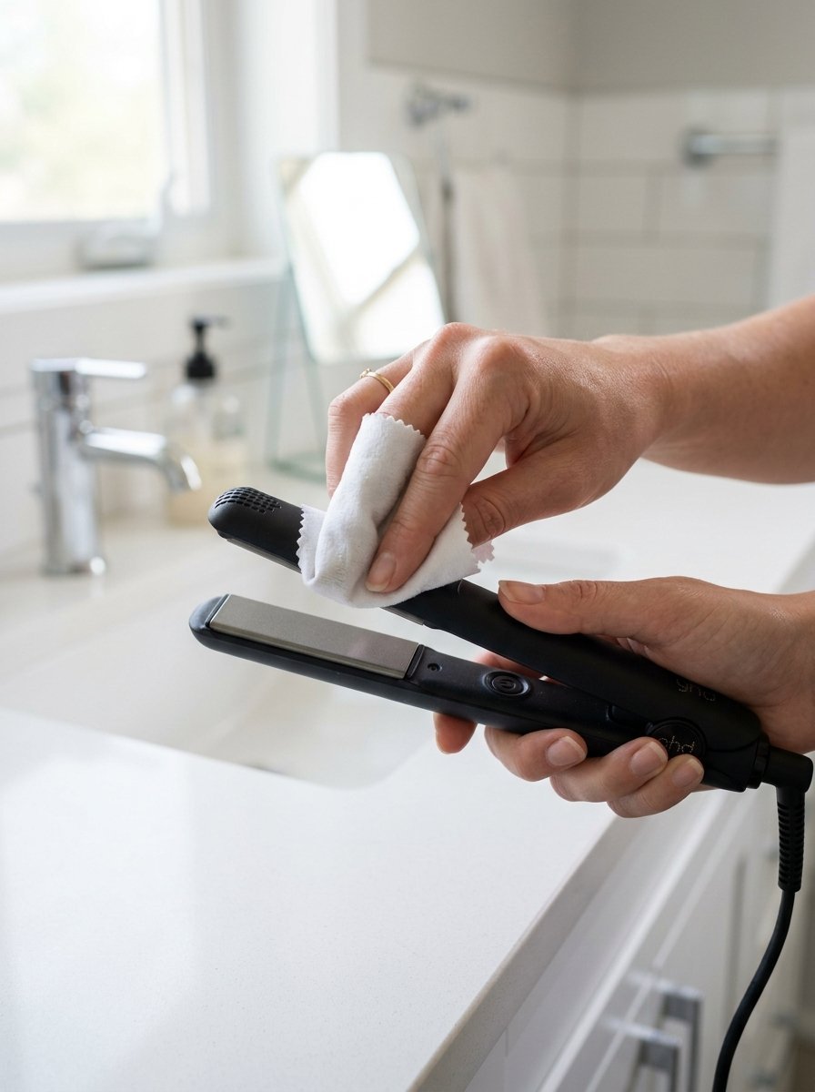Close up of hands cleaning the heating plates of a black flat iron with a small microfiber cloth.