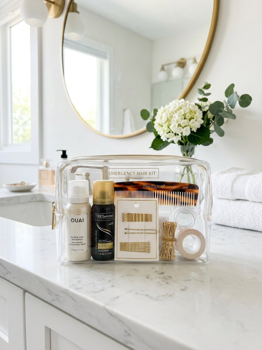 Clear pouch filled with travel size dry shampoo, hairspray, bobby pins, and a comb in a bright bathroom.