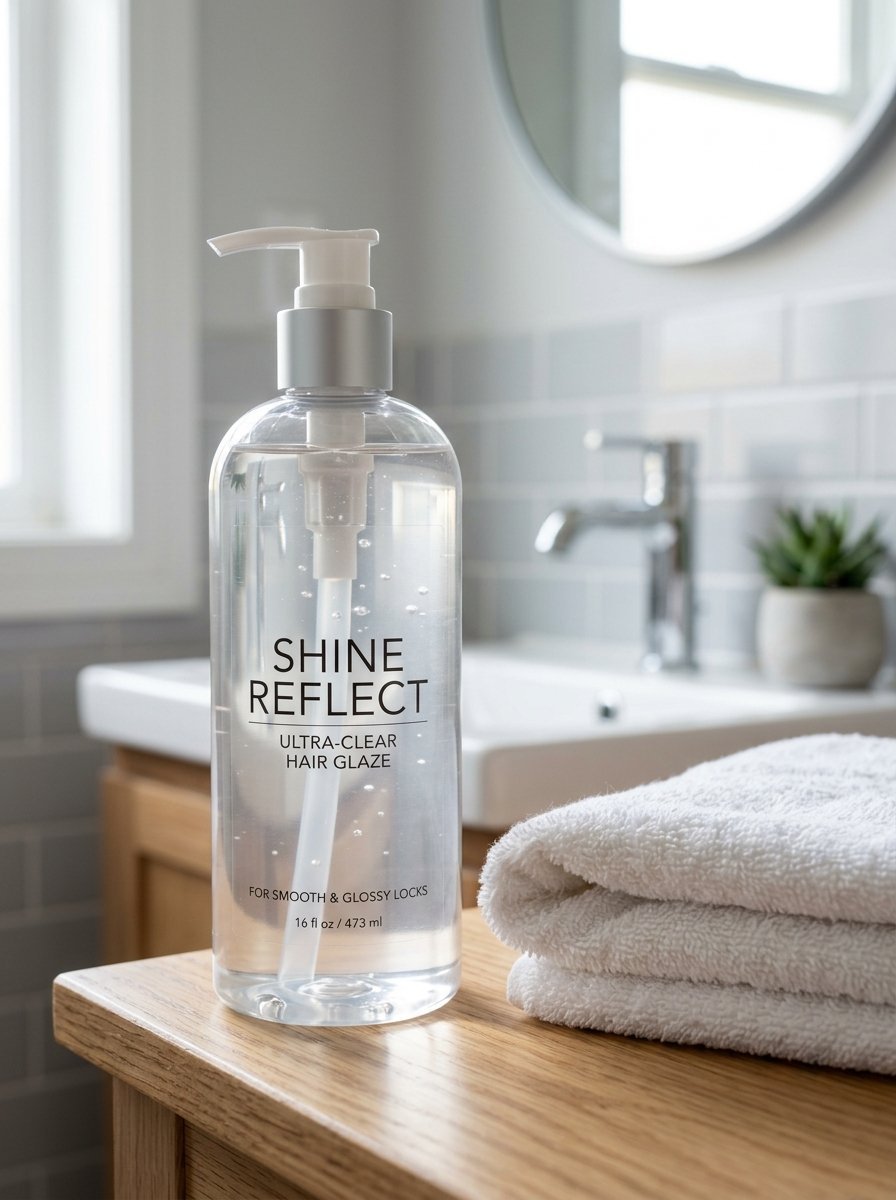 A transparent pump bottle of hair glaze sitting on a wooden counter next to a folded white towel in a bathroom.