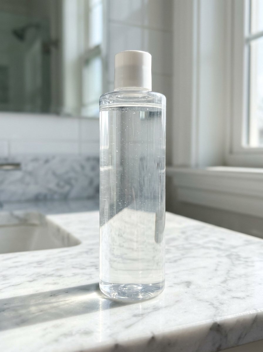 Transparent plastic container with a white cap standing on a white marble bathroom vanity surface.