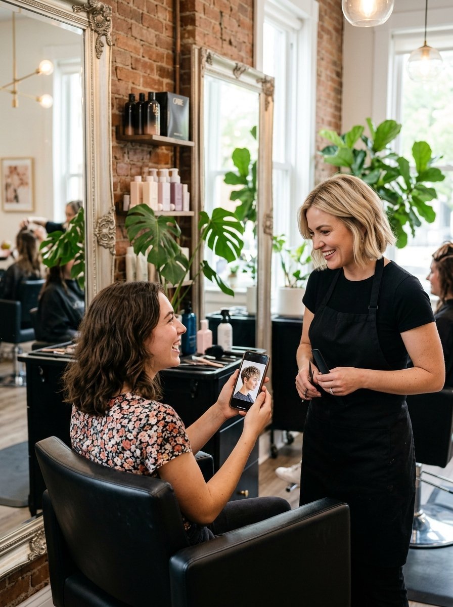 A woman in a salon chair shows her stylist a smartphone image of a short blonde pixie hairstyle.