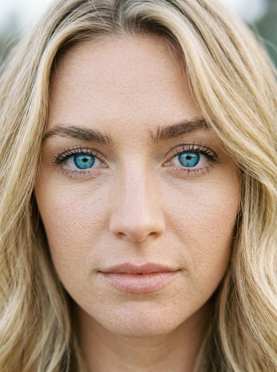 Extreme close-up of a blonde woman staring directly into the camera with vibrant blue irises.