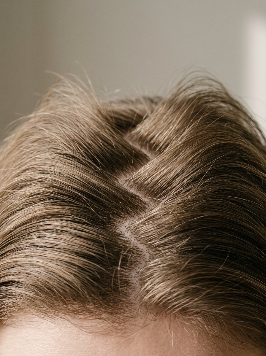Top view of a person with brown hair parted in the center, focusing on the scalp and roots.