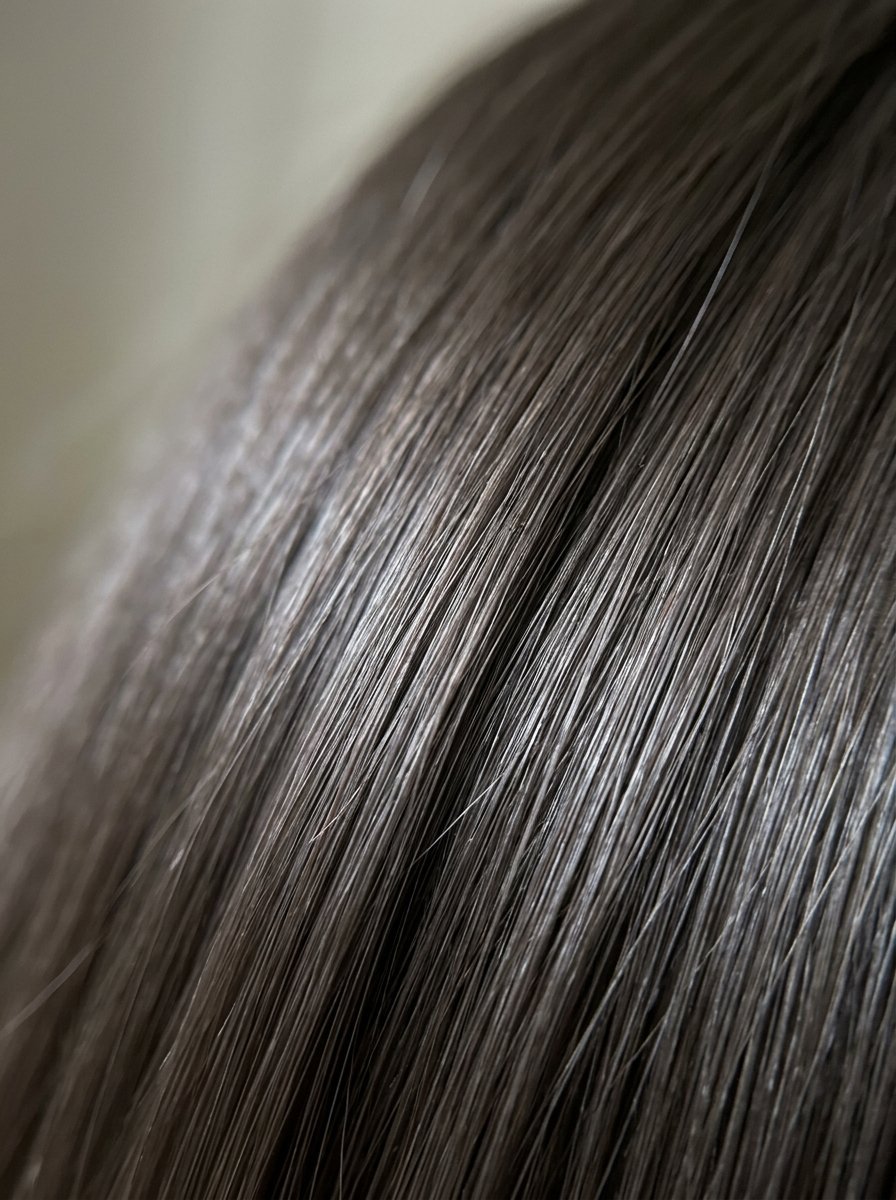 Extreme close-up focusing on the texture and fine details of straight brunette hair.
