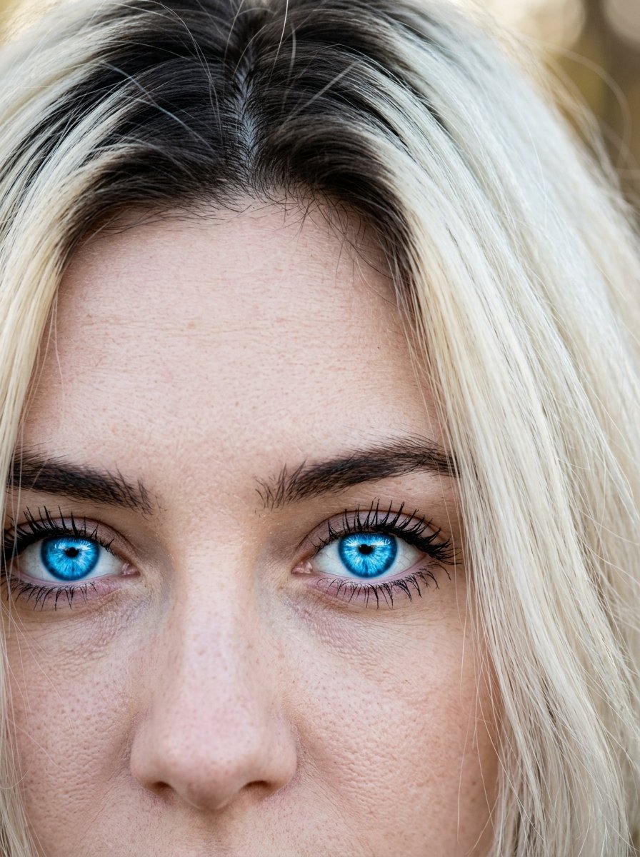 A close-up portrait focusing on a woman's vivid blue eyes and light blonde hair with dark roots.