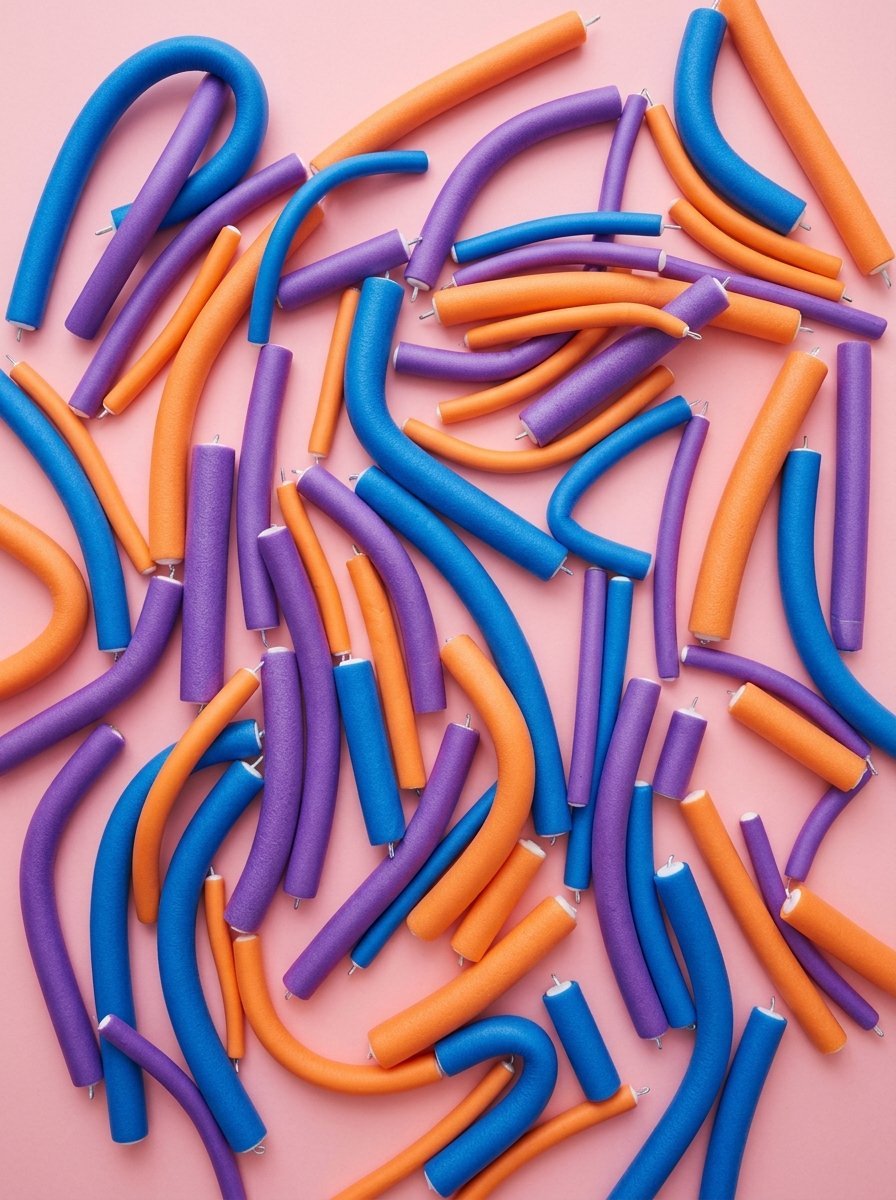 Top-down view of orange, blue, and purple flexible foam styling rollers scattered on a solid light pink background.