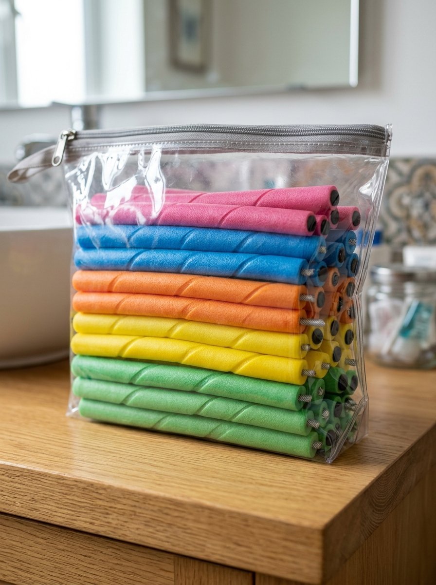 Clear storage pouch containing multi-colored bendable hair rollers on a wooden bathroom counter.