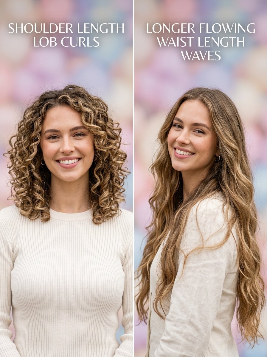 Split screen image showing the same smiling woman with shoulder length curls and waist length wavy hair.