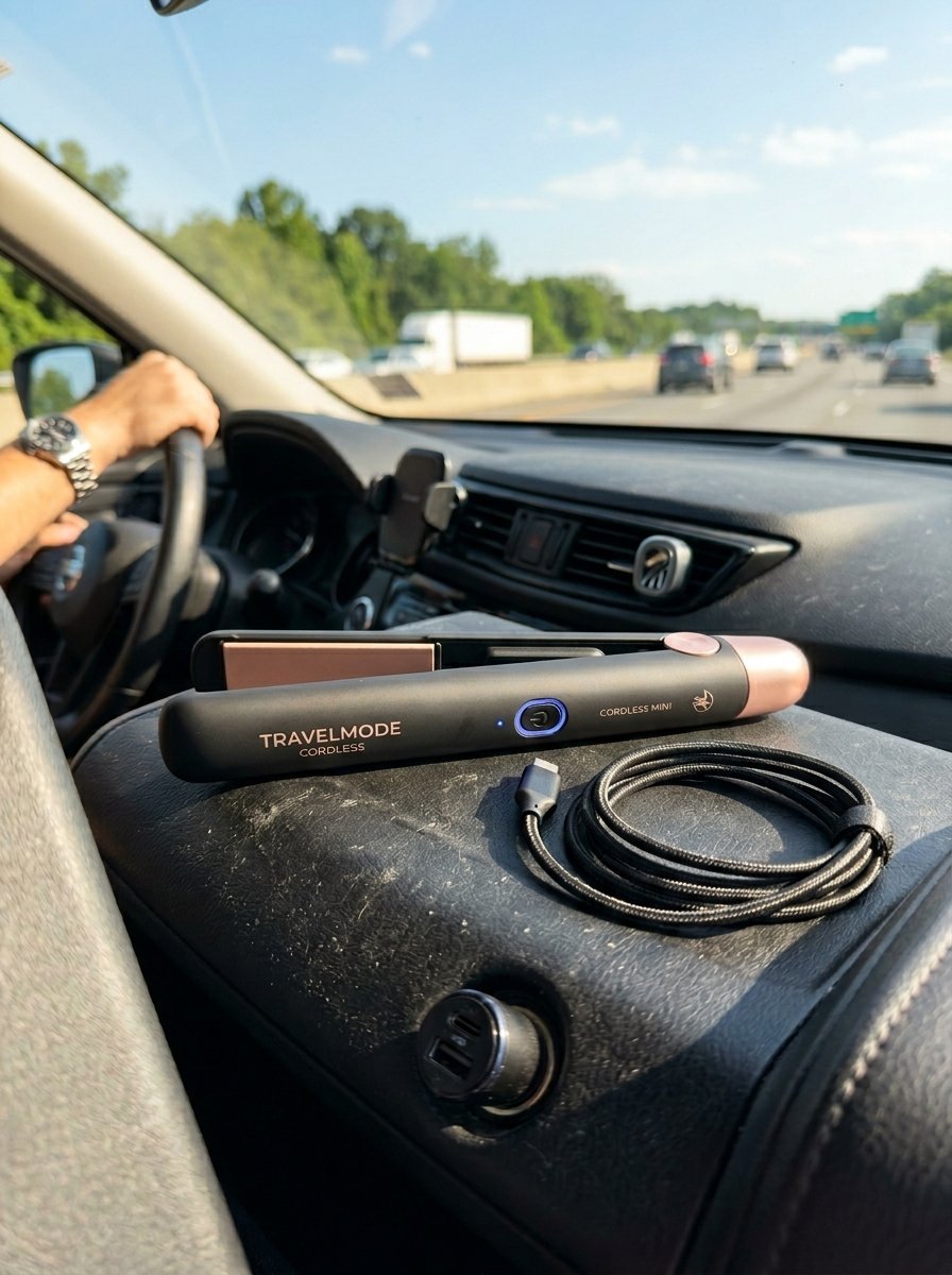 A black cordless mini hair straightener and charging cable sitting on a vehicle console while driving.
