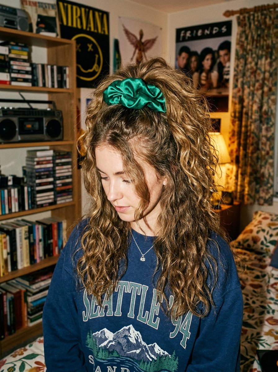 A girl with voluminous wavy brown hair in a half-up style held by a shiny green hair accessory.