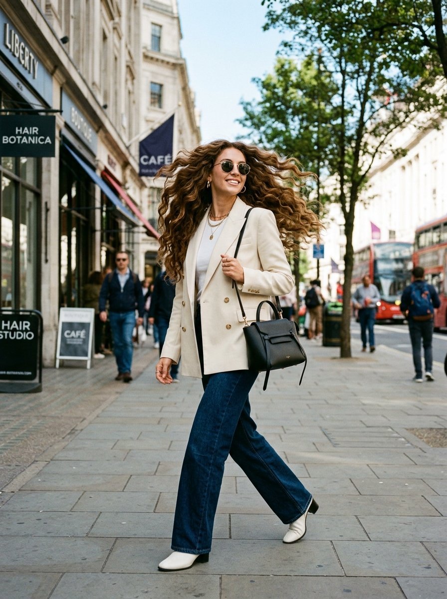 Woman with long curly hair wearing a white blazer and jeans walks on a London sidewalk with a black handbag.