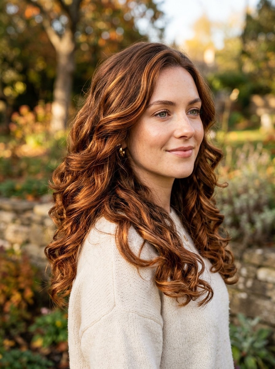 Portrait of a woman with vibrant wavy copper hair standing in an autumn garden.