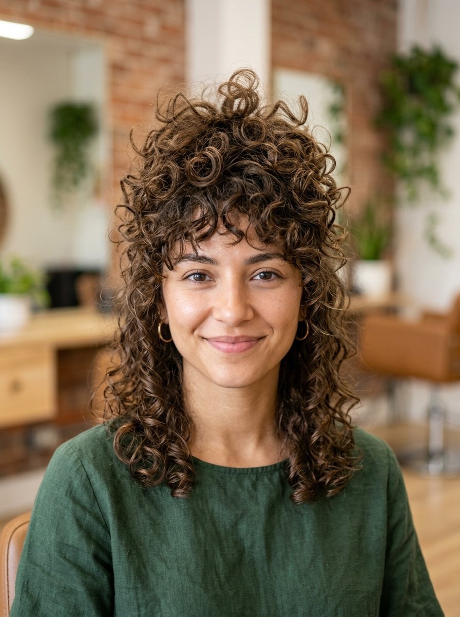 Portrait of a smiling woman with shoulder length brown curls and textured bangs in a salon.